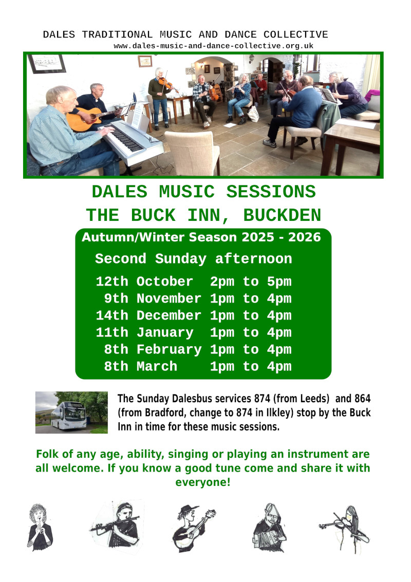 Flyer for Sessions at the Buck in 2025. The PDF file will print as 2 x A5 flyers on a sheet of A4 paper