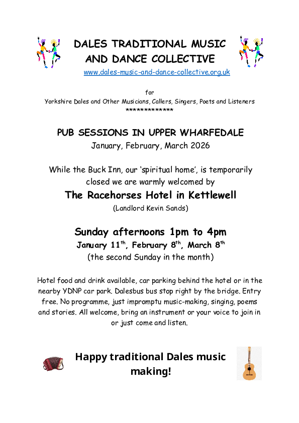 Flyer for Sunday pub sessions in The Racehorses, Kettlewell while the Buck is closed.